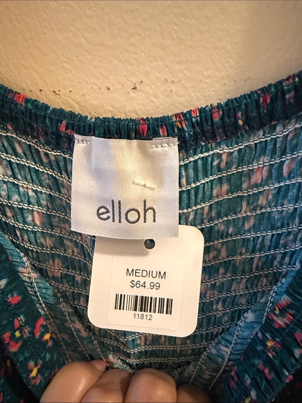 Smocked Long-Sleeve Floral Jumpsuit in Teal - Picture 4 of 4